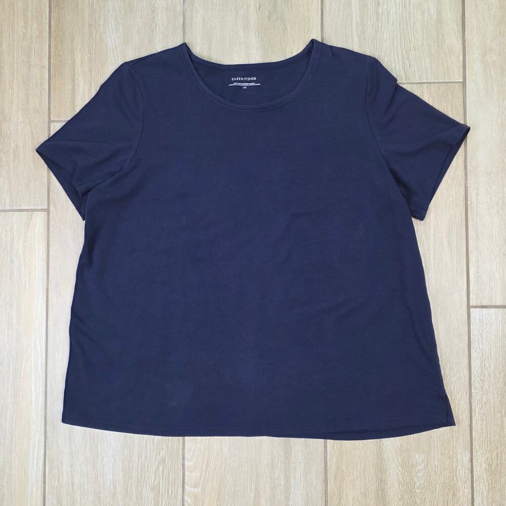 Eileen Fisher Organic Cotton Stretch T Shirt Womens L Navy Blue Made USA
